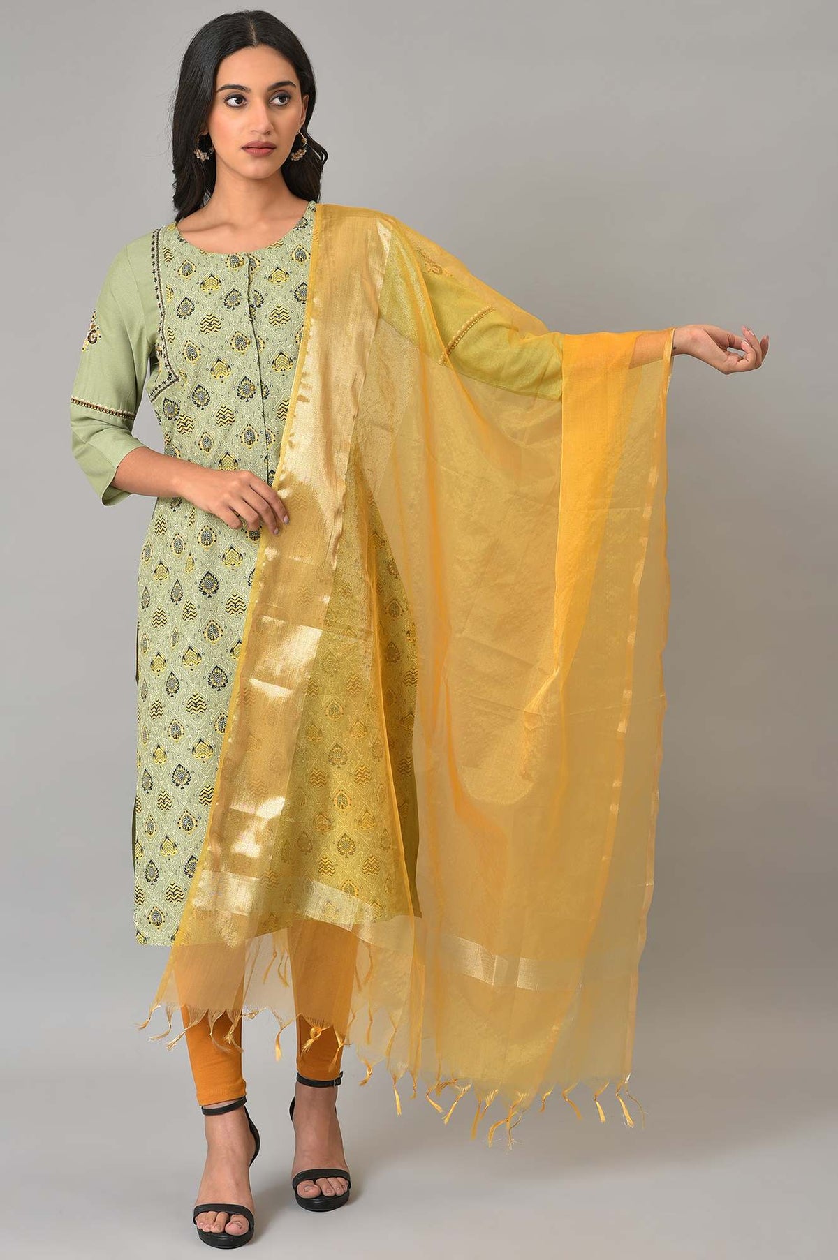 Mustard Organza Drape With Zari Woven Border Detail - FS