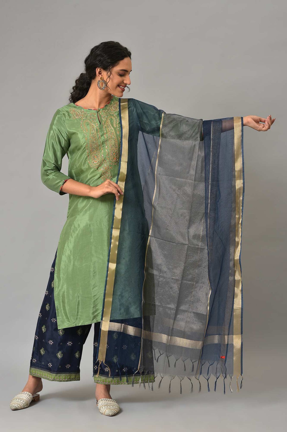 Navy Blue Organza Dupatta With Zari Woven - FS