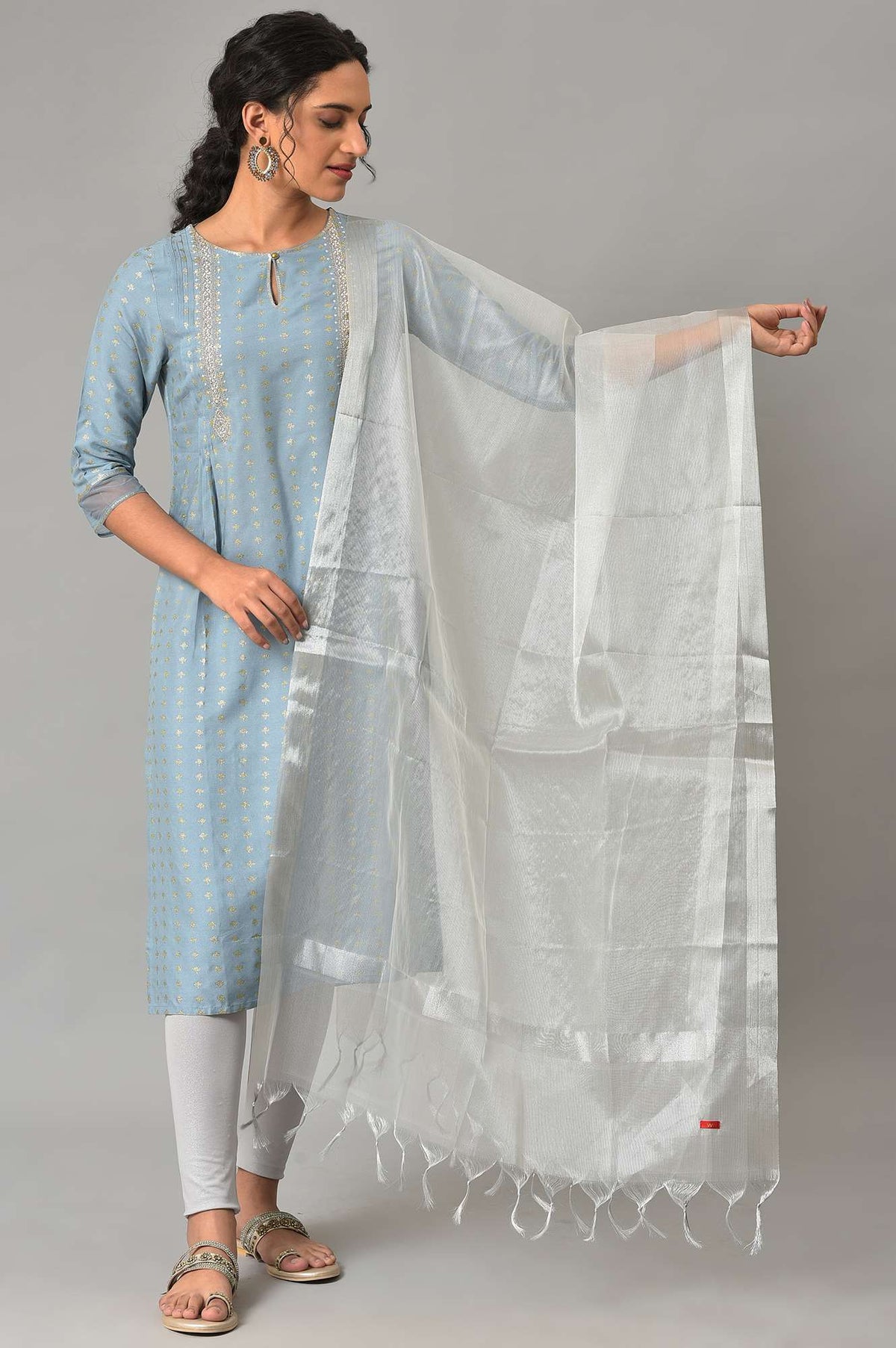 Silver Organza Dupatta With Zari Woven - FS