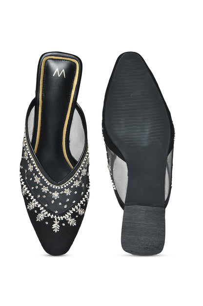 W Embroidered Black Square Toe Flat