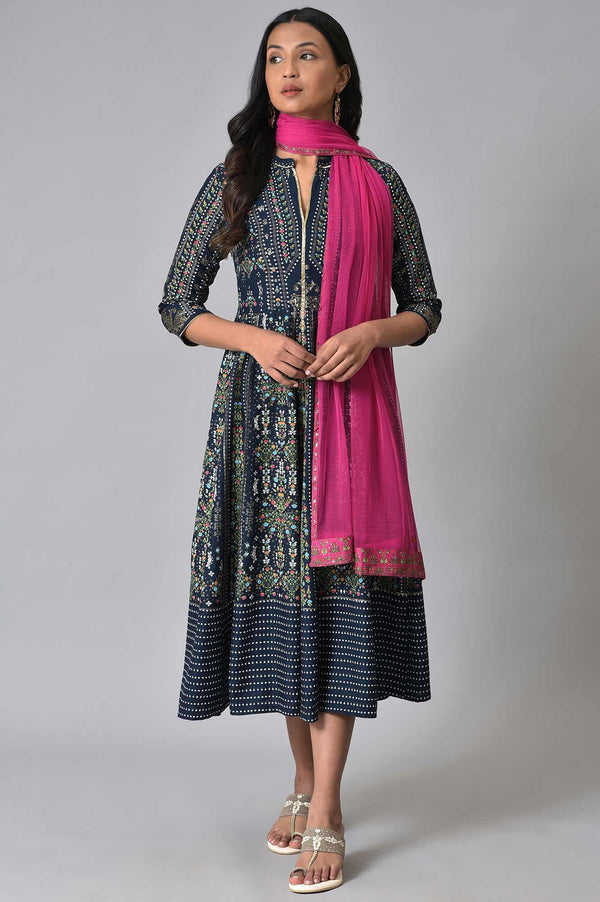 Navy Printed Kalidar Dress With Pink Chiffon Dupatta