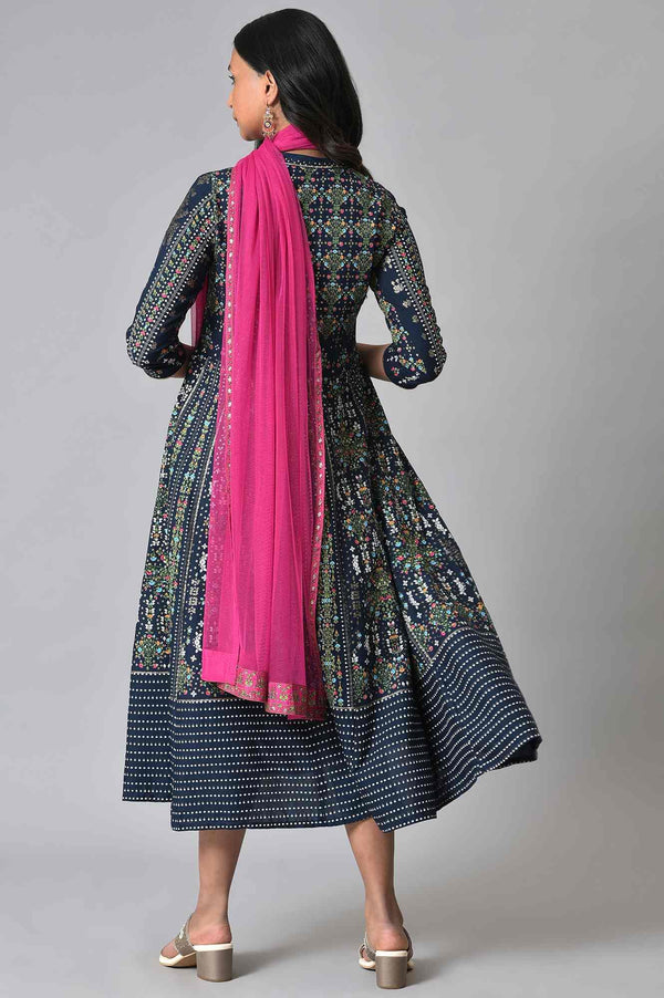 Navy Printed Kalidar Dress With Pink Chiffon Dupatta