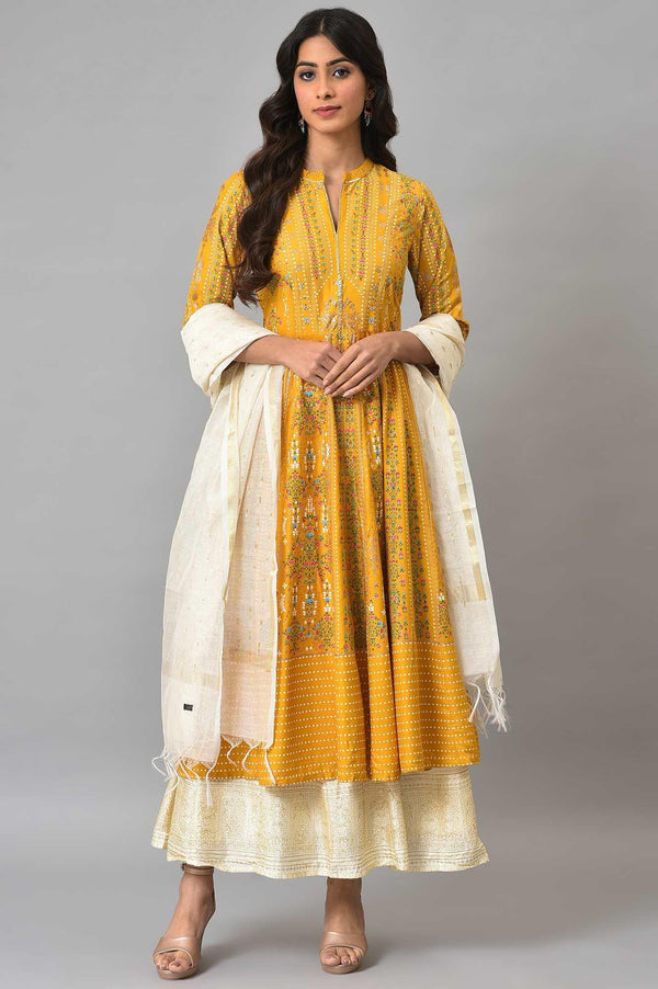 Mustard Yellow Kalidar Printed Dress With White Skirt And Chanderi Dupatta