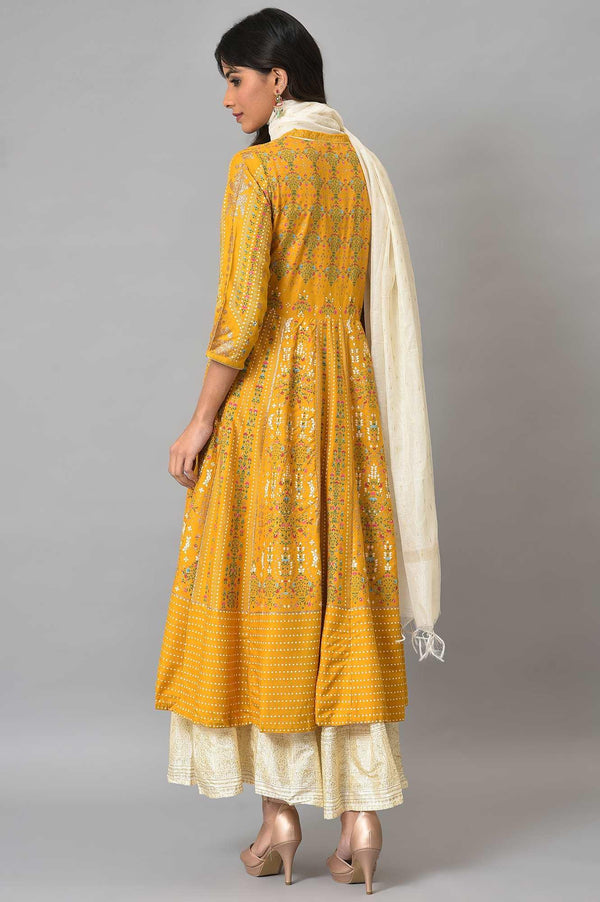 Mustard Yellow Kalidar Printed Dress With White Skirt And Chanderi Dupatta