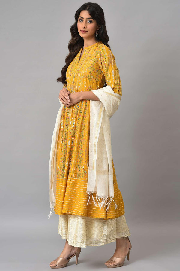 Mustard Yellow Kalidar Printed Dress With White Skirt And Chanderi Dupatta
