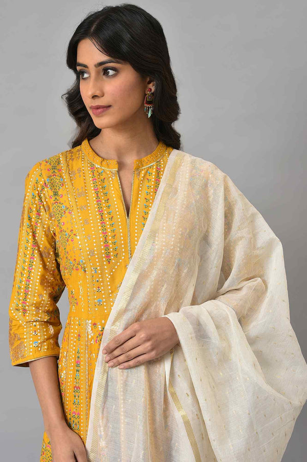 Mustard Yellow Kalidar Printed Dress With White Skirt And Chanderi Dupatta