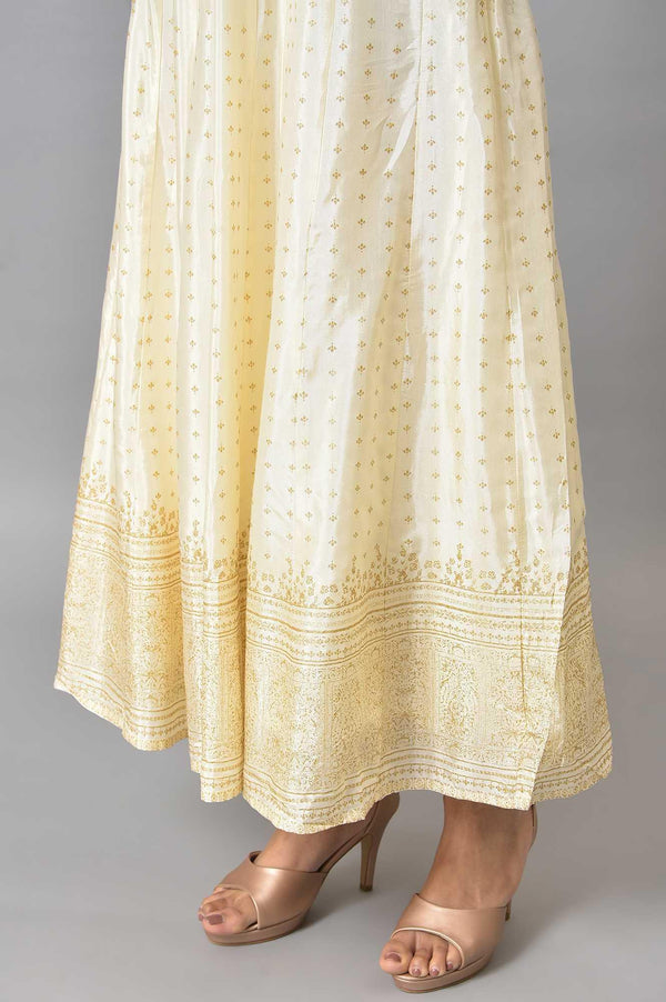 Mustard Yellow Kalidar Printed Dress With White Skirt And Chanderi Dupatta