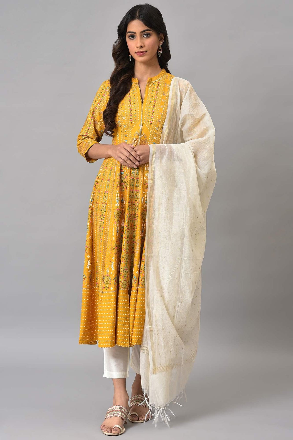 Mustard Yellow Kalidar Printed Dress With White Slim Pants And Chanderi Dupatta - XS