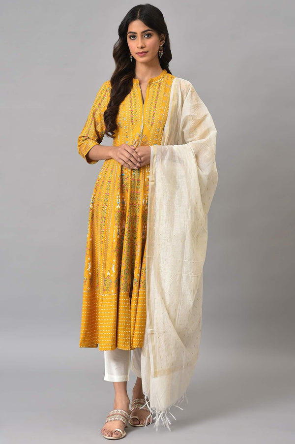 Mustard Yellow Kalidar Printed Dress With White Slim Pants And Chanderi Dupatta