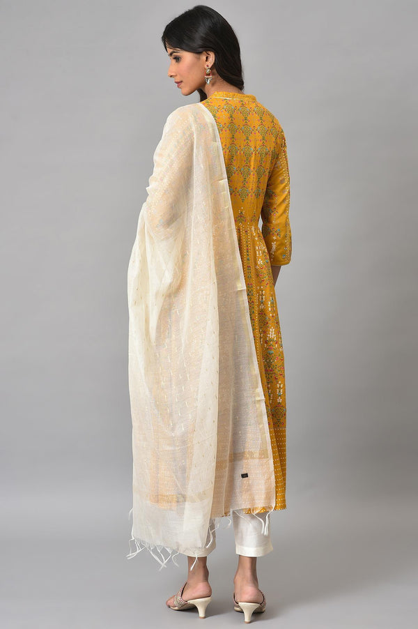 Mustard Yellow Kalidar Printed Dress With White Slim Pants And Chanderi Dupatta