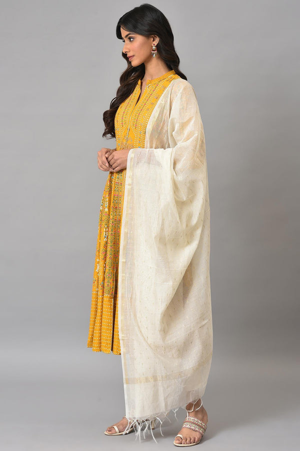 Mustard Yellow Kalidar Printed Dress With White Slim Pants And Chanderi Dupatta