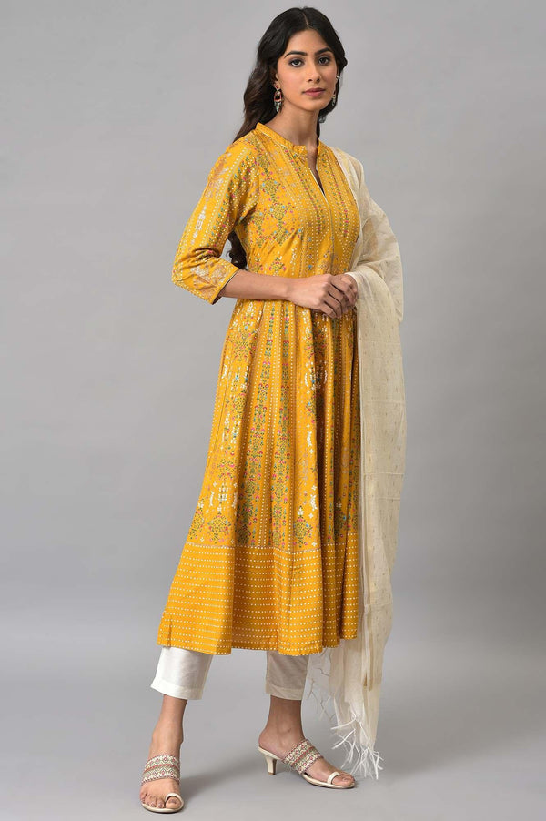 Mustard Yellow Kalidar Printed Dress With White Slim Pants And Chanderi Dupatta