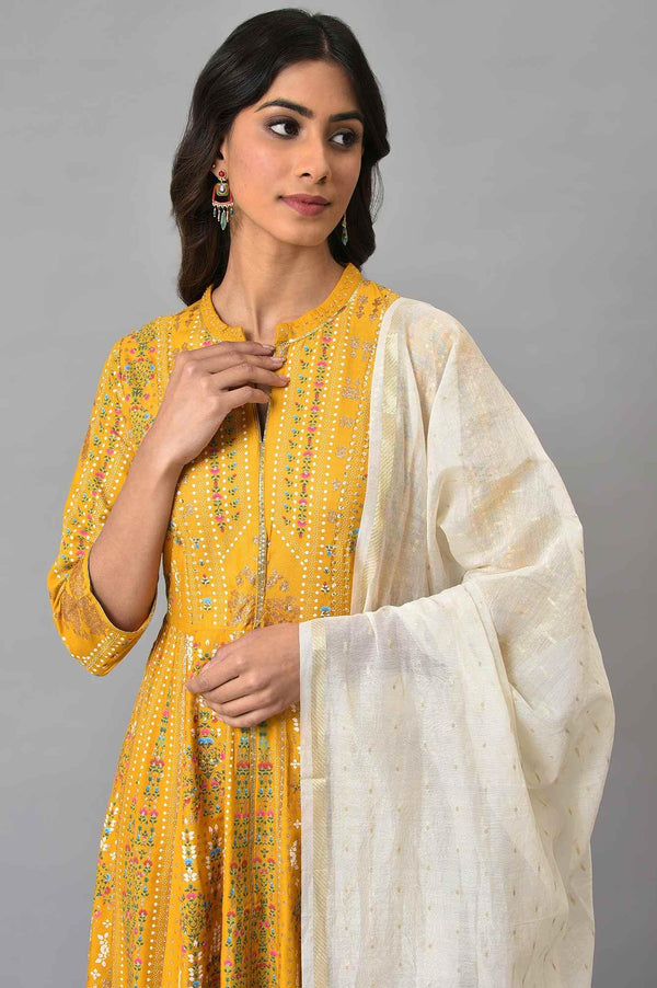 Mustard Yellow Kalidar Printed Dress With White Slim Pants And Chanderi Dupatta