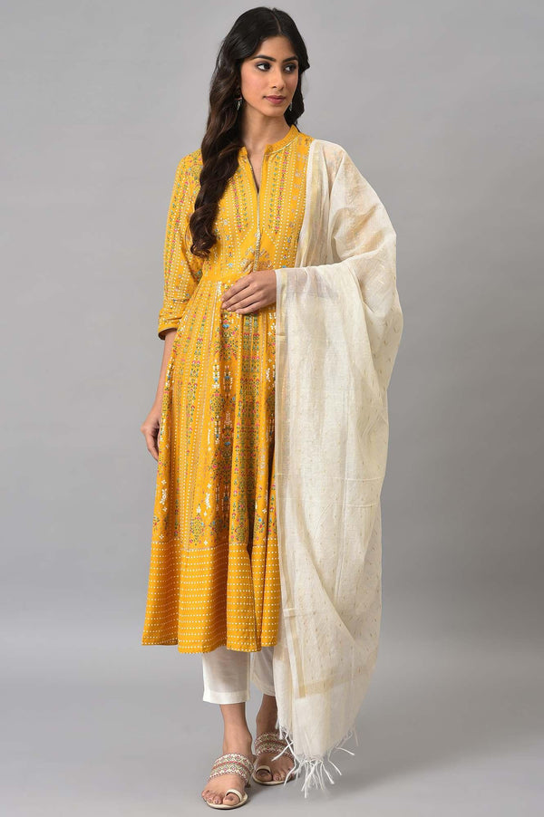 Mustard Yellow Kalidar Printed Dress With White Slim Pants And Chanderi Dupatta