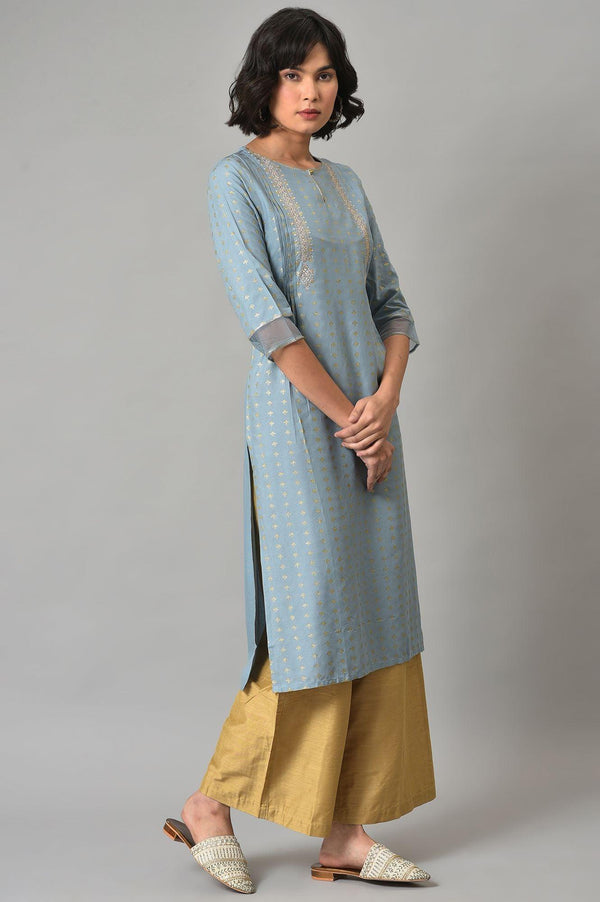 Light Blue Embroidered kurta With Gold Parallel Pants