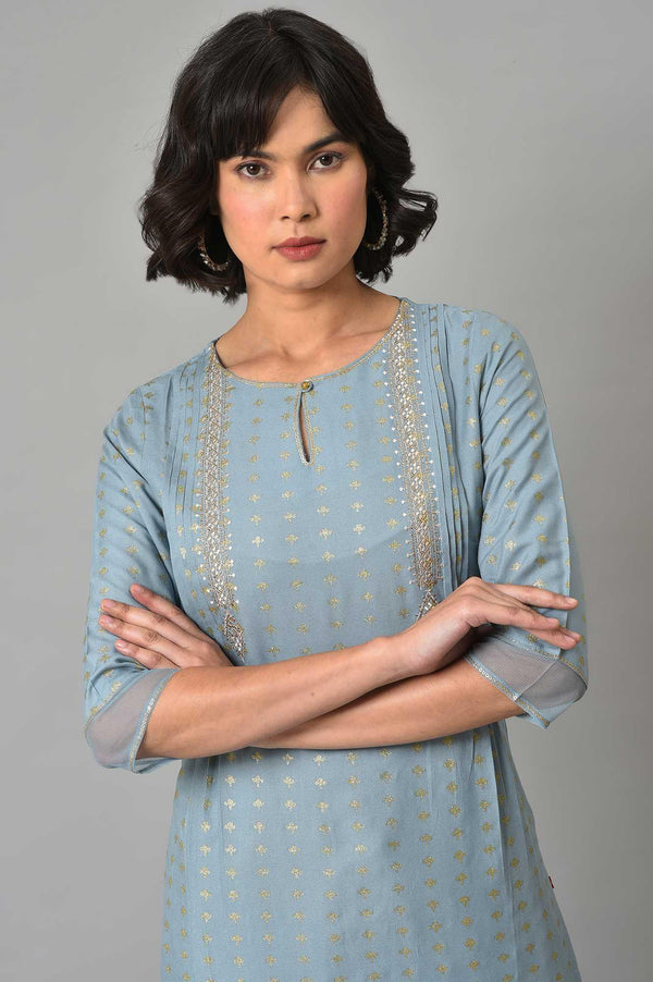 Light Blue Embroidered kurta With Gold Parallel Pants
