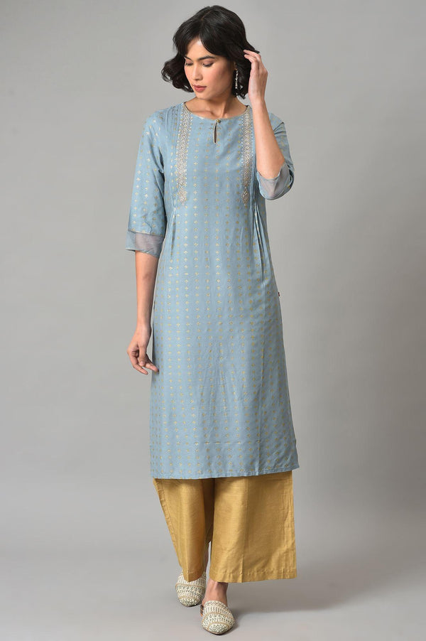 Light Blue Embroidered kurta With Gold Parallel Pants