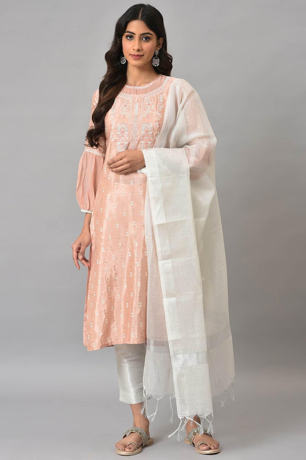 Peach Shantung Embroidered kurta With Silver Slim Pants And Kota Dupatta