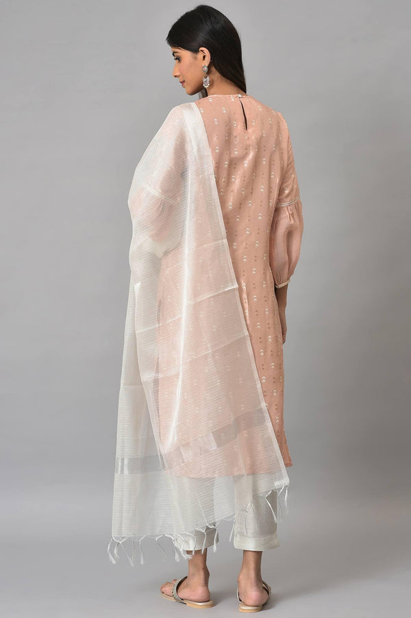 Peach Shantung Embroidered kurta With Silver Slim Pants And Kota Dupatta