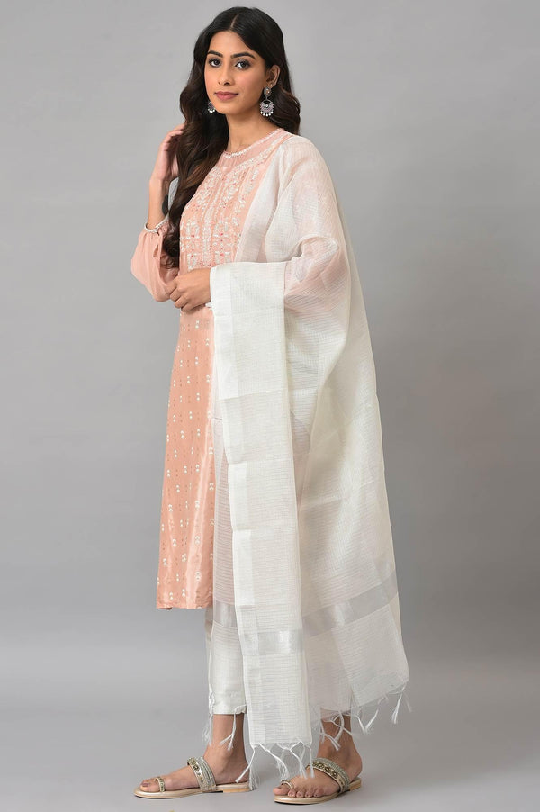 Peach Shantung Embroidered kurta With Silver Slim Pants And Kota Dupatta