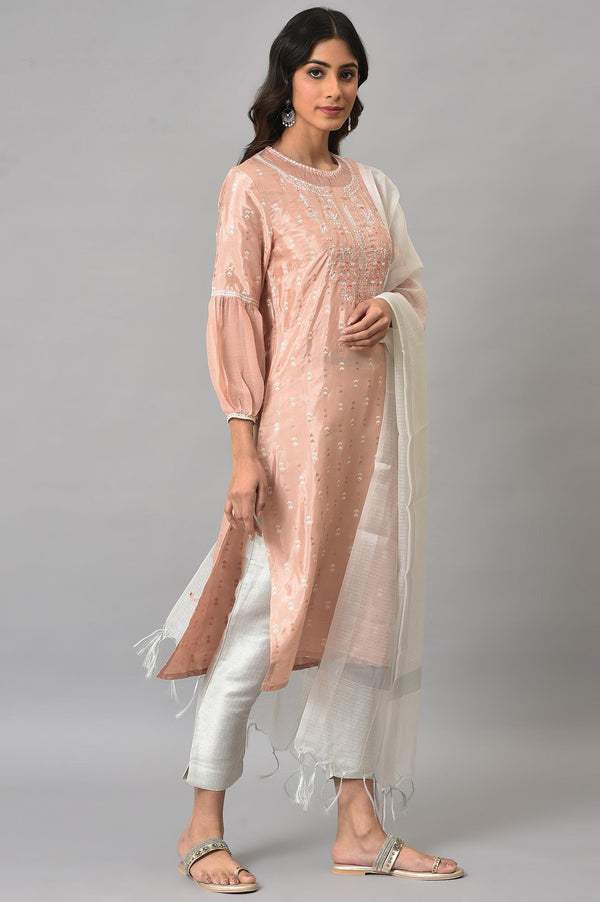 Peach Shantung Embroidered kurta With Silver Slim Pants And Kota Dupatta