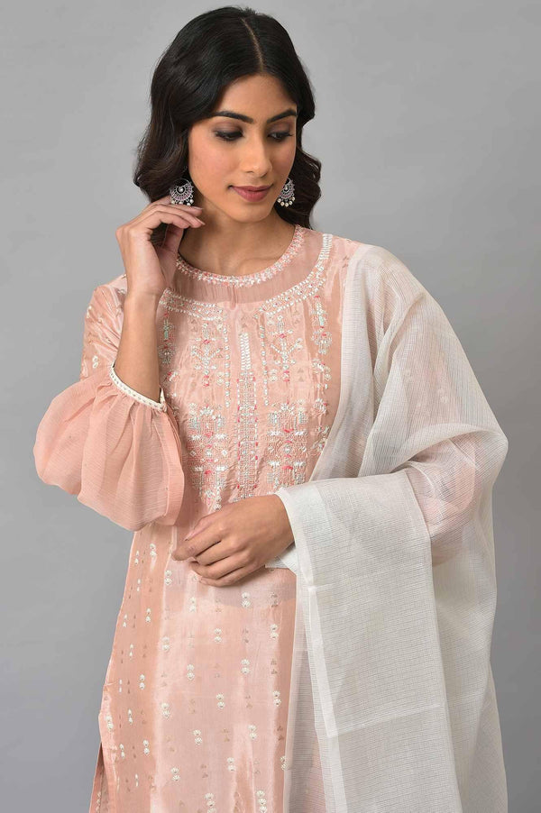 Peach Shantung Embroidered kurta With Silver Slim Pants And Kota Dupatta