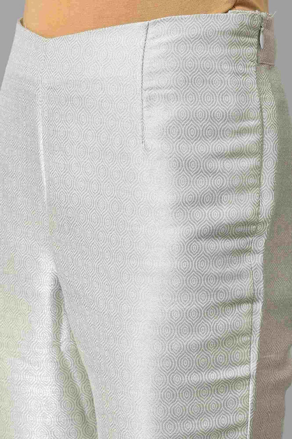 Peach Shantung Embroidered kurta With Silver Slim Pants And Kota Dupatta