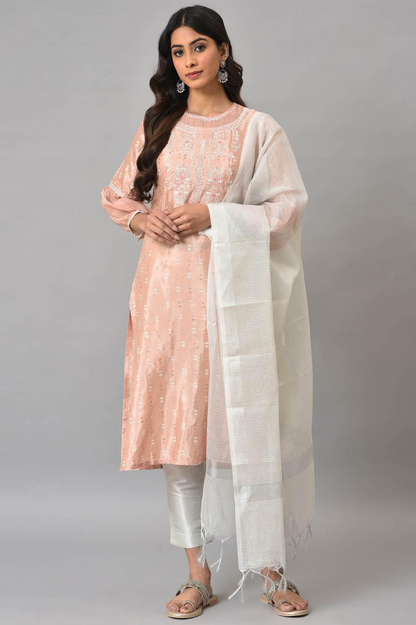 Peach Shantung Embroidered kurta With Silver Slim Pants And Kota Dupatta