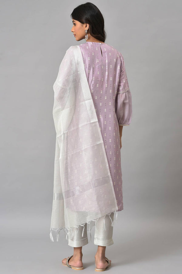 Lavender Shantung Embroidered kurta With Silver Slim Pants And Kota Dupatta