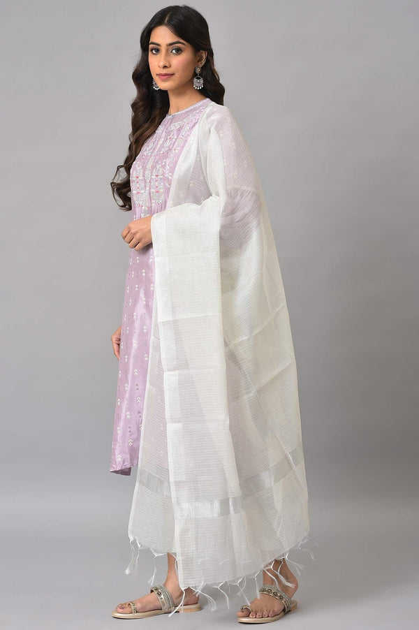 Lavender Shantung Embroidered kurta With Silver Slim Pants And Kota Dupatta