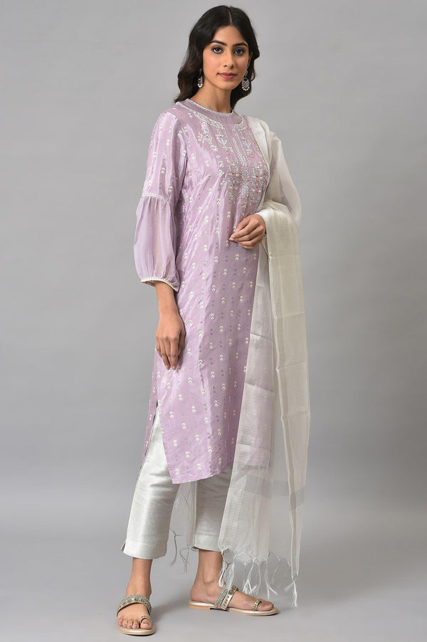 Lavender Shantung Embroidered kurta With Silver Slim Pants And Kota Dupatta