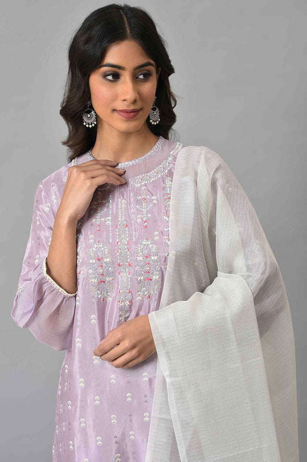 Lavender Shantung Embroidered kurta With Silver Slim Pants And Kota Dupatta