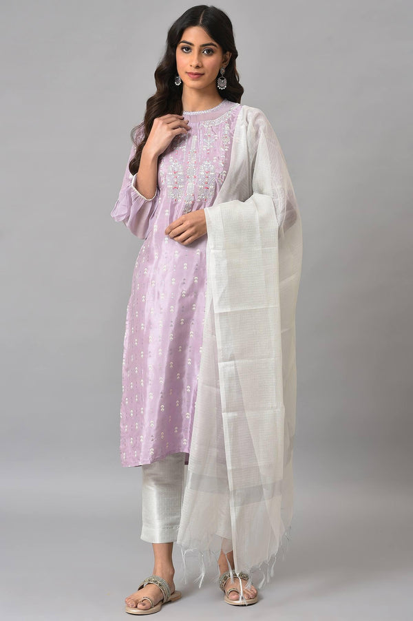 Lavender Shantung Embroidered kurta With Silver Slim Pants And Kota Dupatta