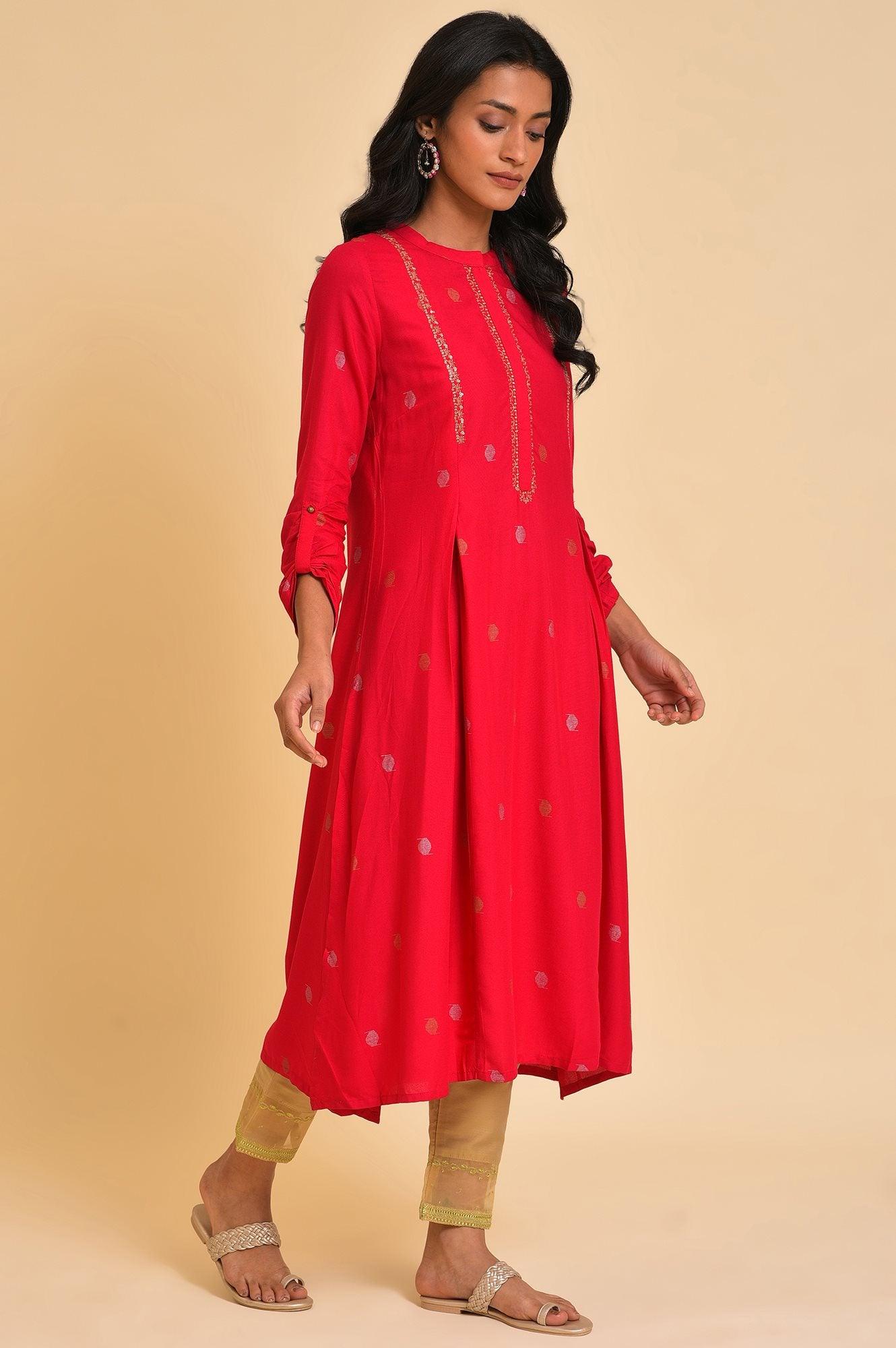 Red Embroidered Festive Kurta And Pants Set - wforwoman