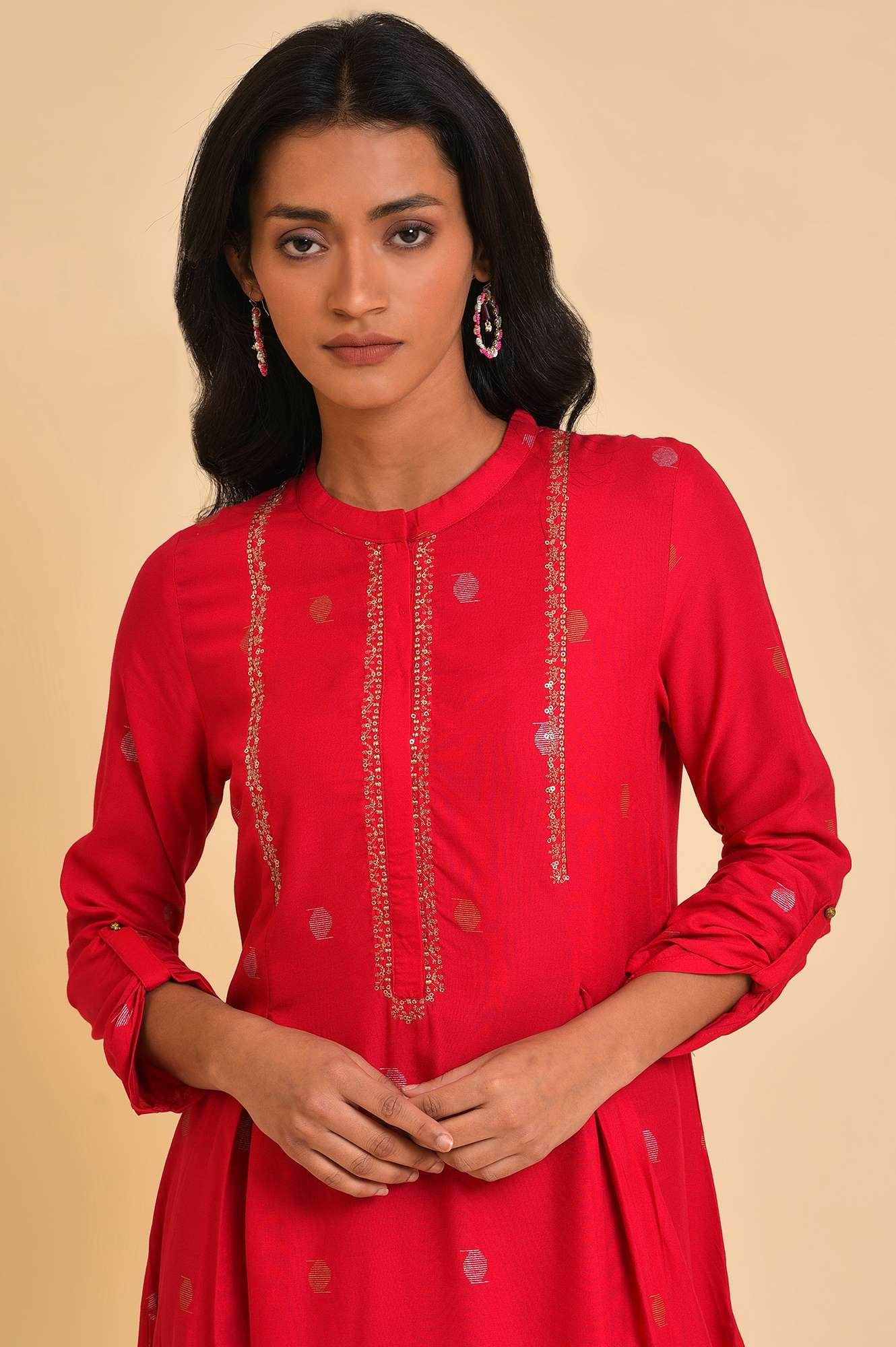 Red Embroidered Festive Kurta And Pants Set - wforwoman