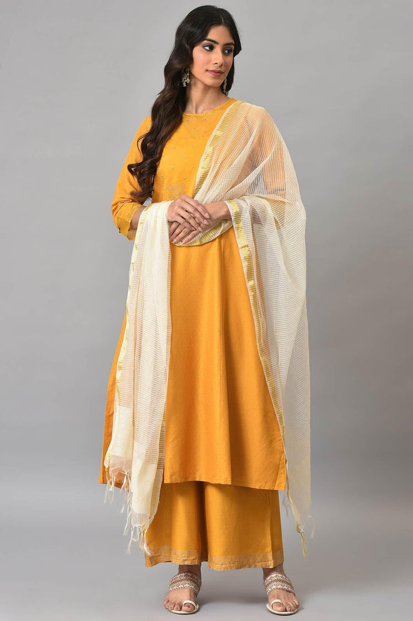 Dark Yellow A-Line Embroidered kurta With Parallel Pants And Jacquard Dupatta