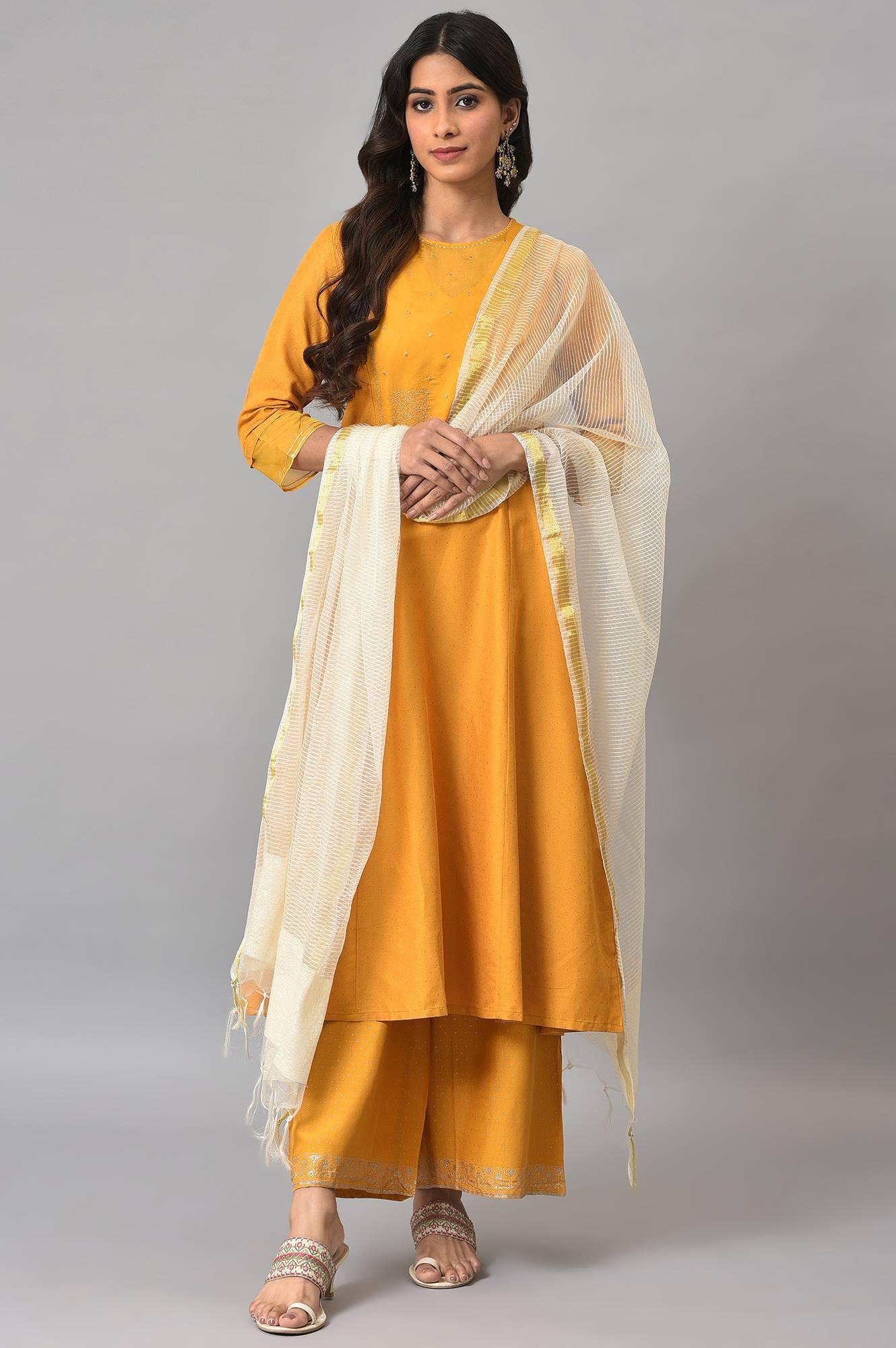 Dark Yellow A-Line Embroidered kurta With Parallel Pants And Jacquard Dupatta - wforwoman