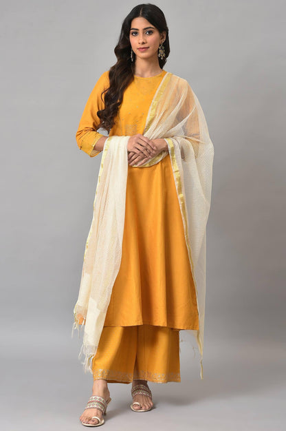 Dark Yellow A-Line Embroidered kurta With Parallel Pants And Jacquard Dupatta - wforwoman
