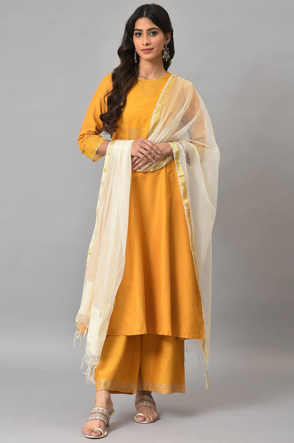 Dark Yellow A-Line Embroidered kurta With Parallel Pants And Jacquard Dupatta