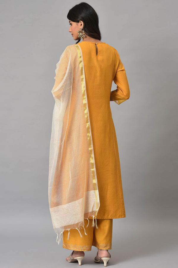 Dark Yellow A-Line Embroidered kurta With Parallel Pants And Jacquard Dupatta