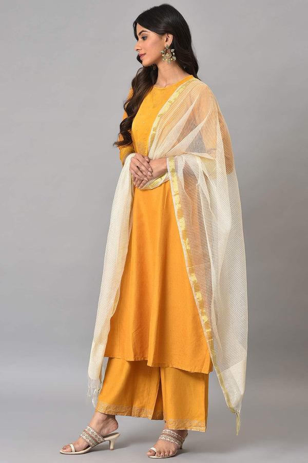 Dark Yellow A-Line Embroidered kurta With Parallel Pants And Jacquard Dupatta