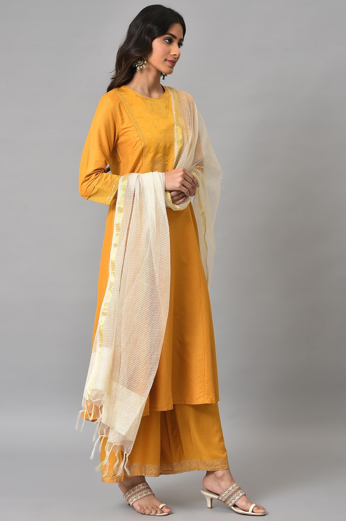 Dark Yellow A-Line Embroidered kurta With Parallel Pants And Jacquard Dupatta - wforwoman