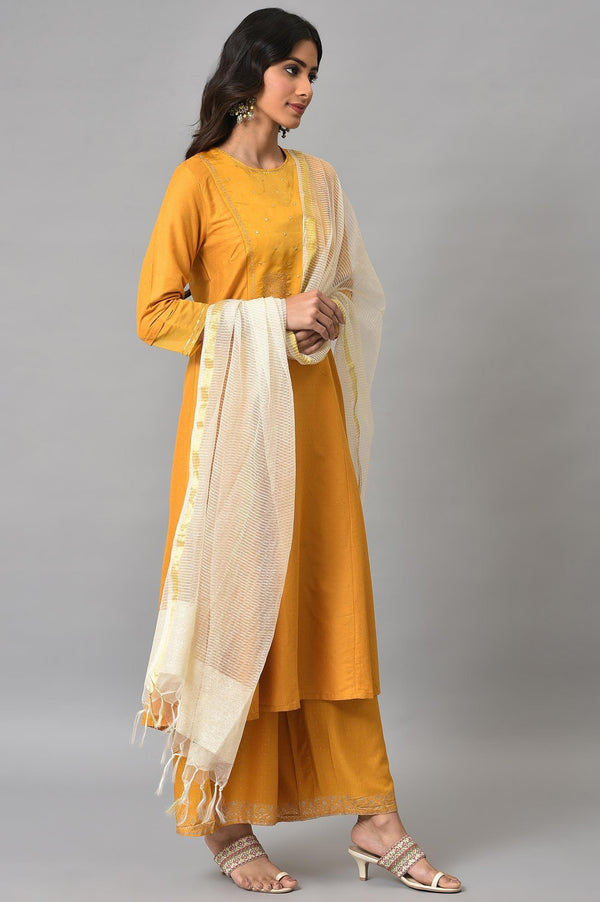 Dark Yellow A-Line Embroidered kurta With Parallel Pants And Jacquard Dupatta