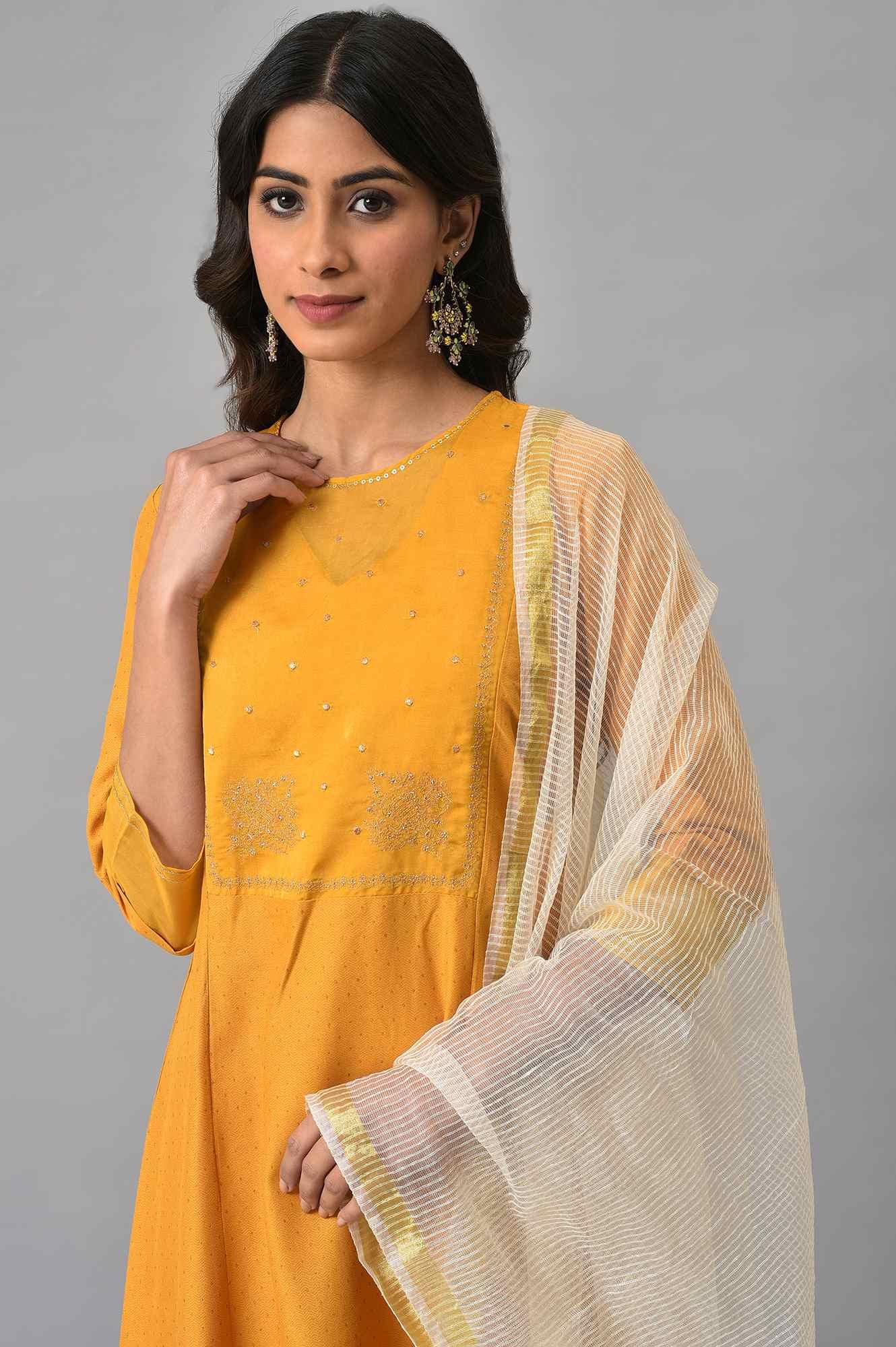 Dark Yellow A-Line Embroidered kurta With Parallel Pants And Jacquard Dupatta - wforwoman