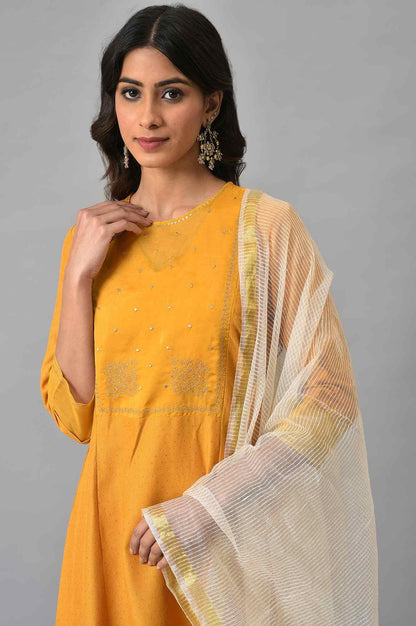 Dark Yellow A-Line Embroidered kurta With Parallel Pants And Jacquard Dupatta - wforwoman