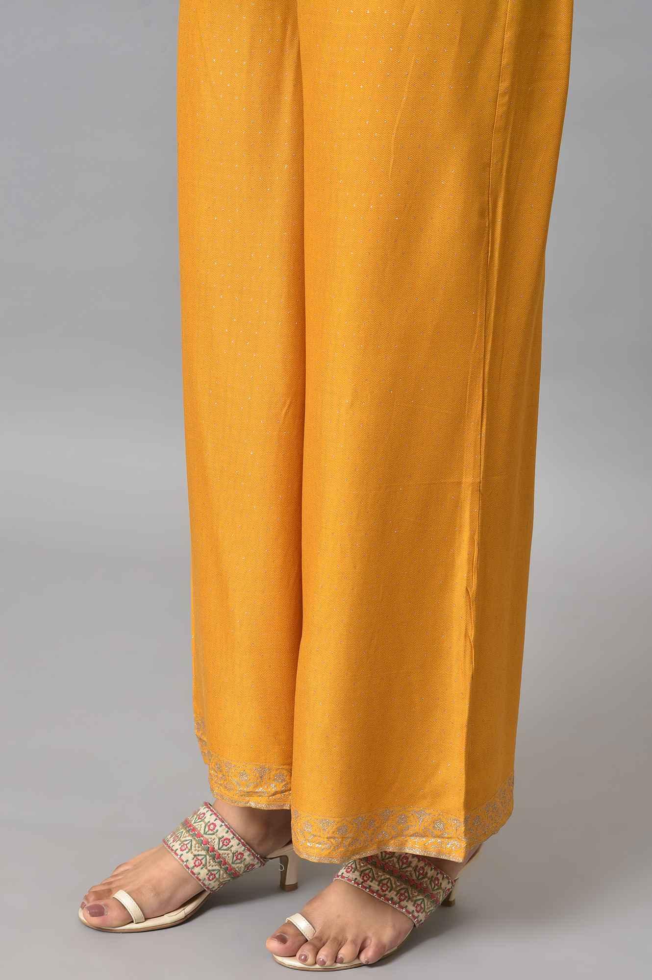 Dark Yellow A-Line Embroidered kurta With Parallel Pants And Jacquard Dupatta - wforwoman