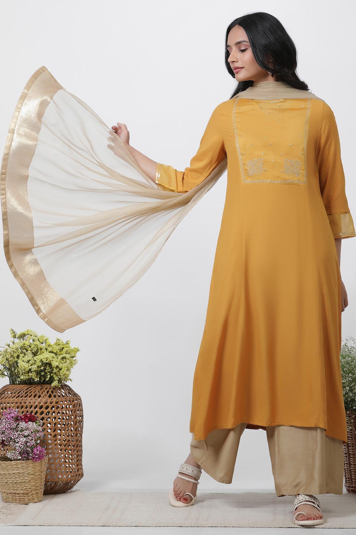 Yellow A-Line Embroidered Kurta, Parallel Pants And Dupatta Set - XS