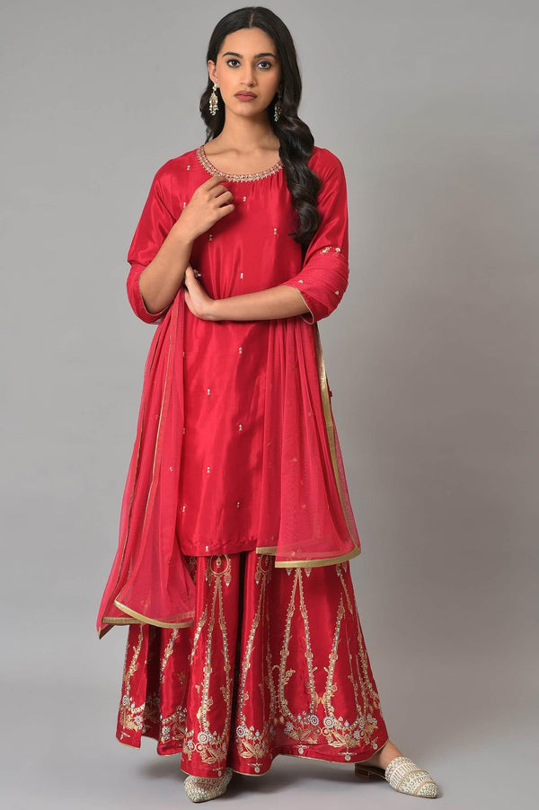 Red Embroidered Festive kurta With Culottes And Mesh Dupatta