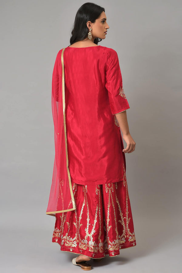 Red Embroidered Festive kurta With Culottes And Mesh Dupatta