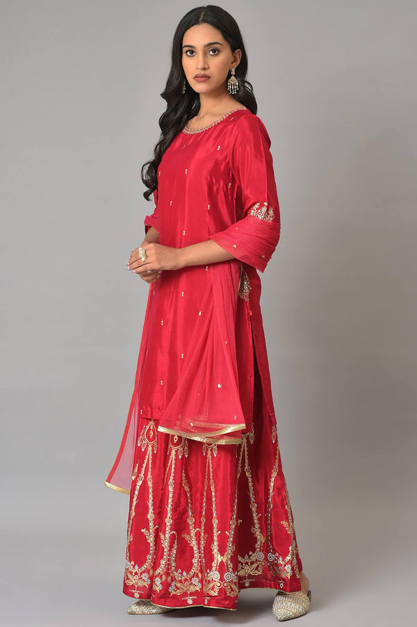 Red Embroidered Festive kurta With Culottes And Mesh Dupatta
